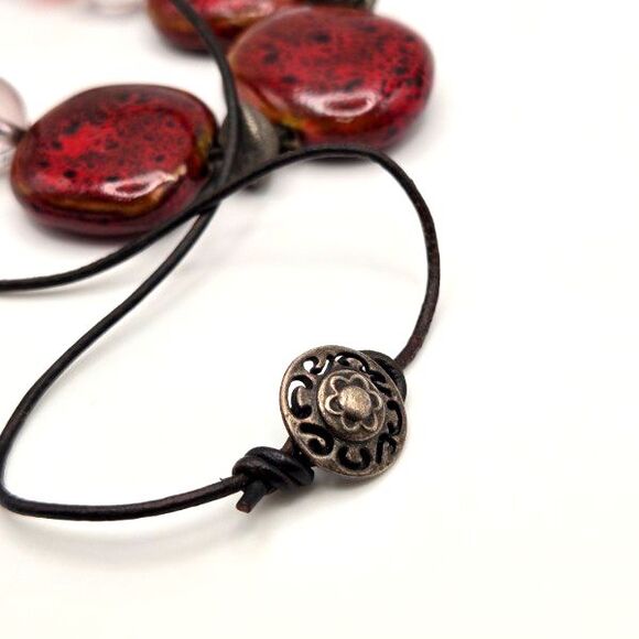 Handmade Red Ceramic Beads and Gunmetal Gray Accents on Leather Cord Necklace - Picture 3 of 4